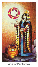 Card featuring a stylized figure with a tiger and a pentacle symbol, labeled 'Ace of Pentacles'.