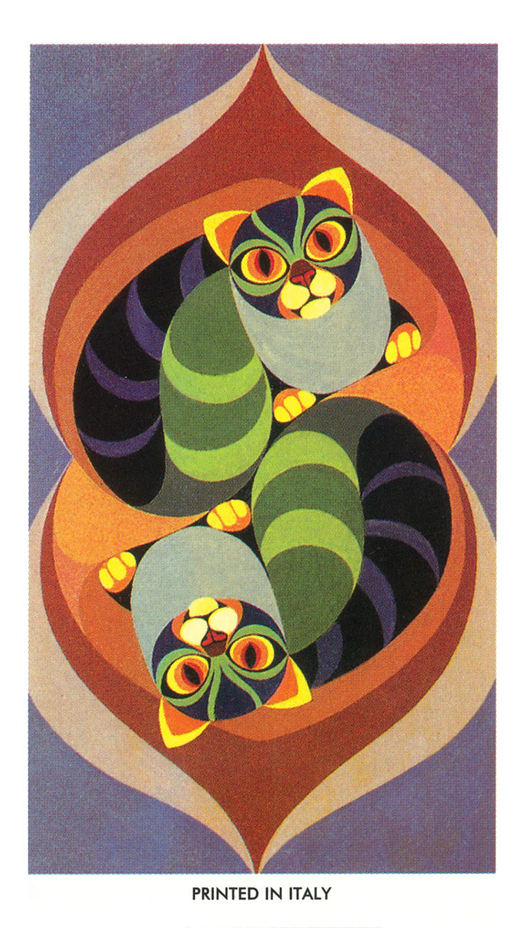 Colorful illustration of two cats inside a stylized heart on a purple background with 'Printed in Italy' text.