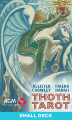 Cover of Thoth Tarot small deck with artwork of a winged figure on a horse, AGM Urania logo, and text by Aleister Crowley and Frieda Harris.