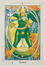 Tarot card featuring a figure in green armor with a white border