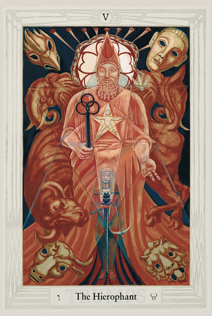 Tarot card featuring 'The Hierophant' with a central figure holding a key, surrounded by animals.