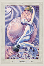 Tarot card featuring a stylized figure holding a crystal ball against a cosmic background, labeled 'The Star'.