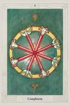 Tarot card with a wheel-like symbol on a green background, labeled 'Completion'.