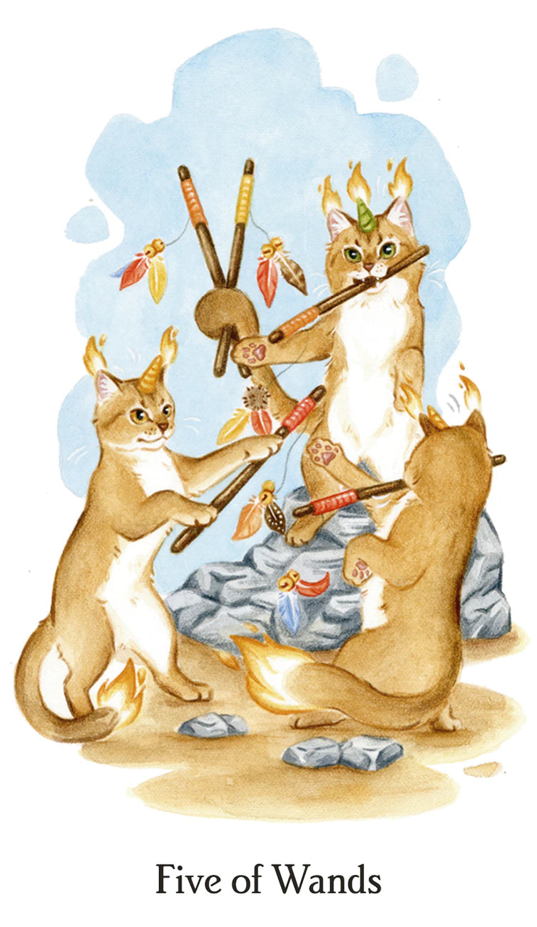 Card featuring three cats playing with wands against a light blue background, labeled 'Five of Wands'.