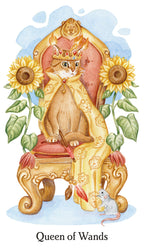 Card featuring a cat in royal attire sitting on a throne with sunflowers and a mouse, labeled 'Queen of Wands'.