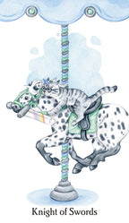 Illustration of a dalmatian dog on a carousel with text 'Knight of Swords'.