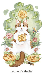 Card featuring a cat holding a pentacle symbol surrounded by nature elements on a white background.
