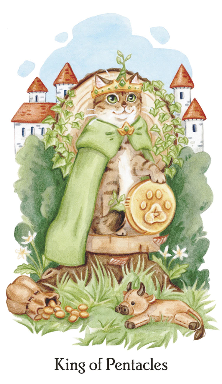 Card featuring a cat in green robes holding a pentacle symbol, with a castle and nature elements in the background.
