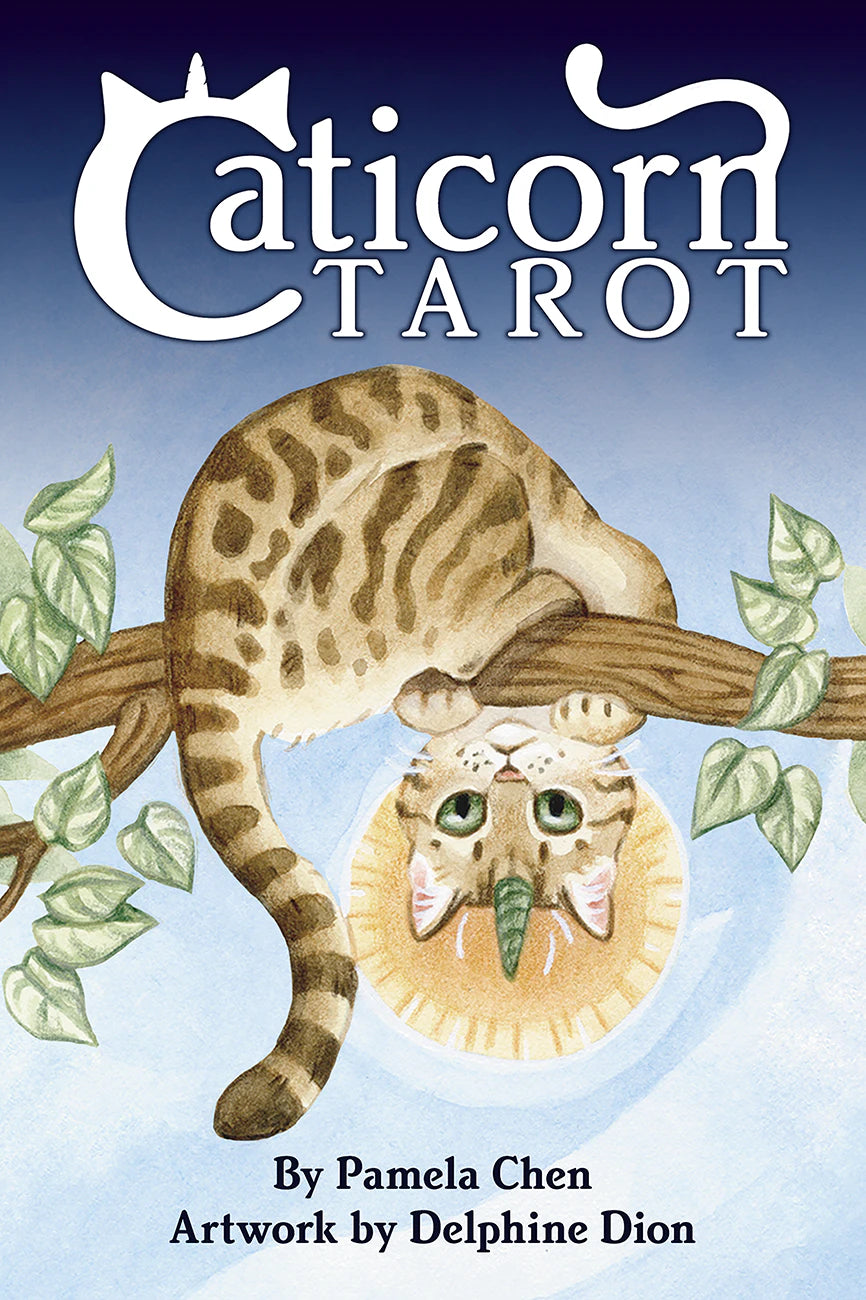 Cover of 'Caticorn Tarot' with a cat-like creature on a branch, artwork by Delphine Dion.