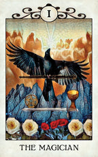 Tarot card featuring a crow, sword, and flowers with a mountainous background