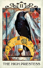 Tarot card featuring a black bird and crescent moon symbol, labeled 'The High Priestess'.
