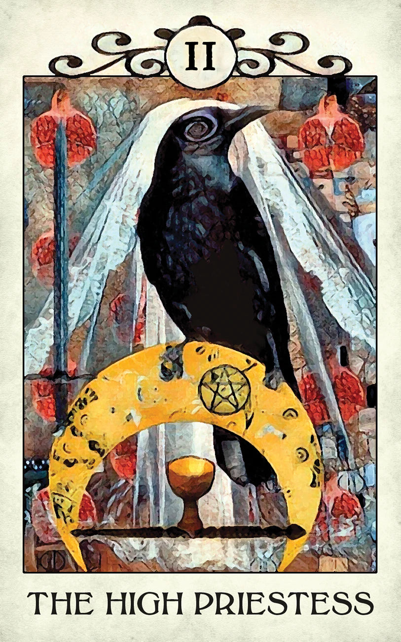 Tarot card featuring a black bird and crescent moon symbol, labeled 'The High Priestess'.