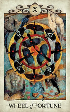 Tarot card titled 'Wheel of Fortune' with black birds and a red circle on a textured background.