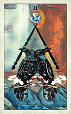 Artistic depiction of a black bird with a staff and flowers, resembling a tarot card design.