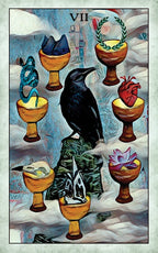 Tarot card with a black crow and various symbols on a snowy background