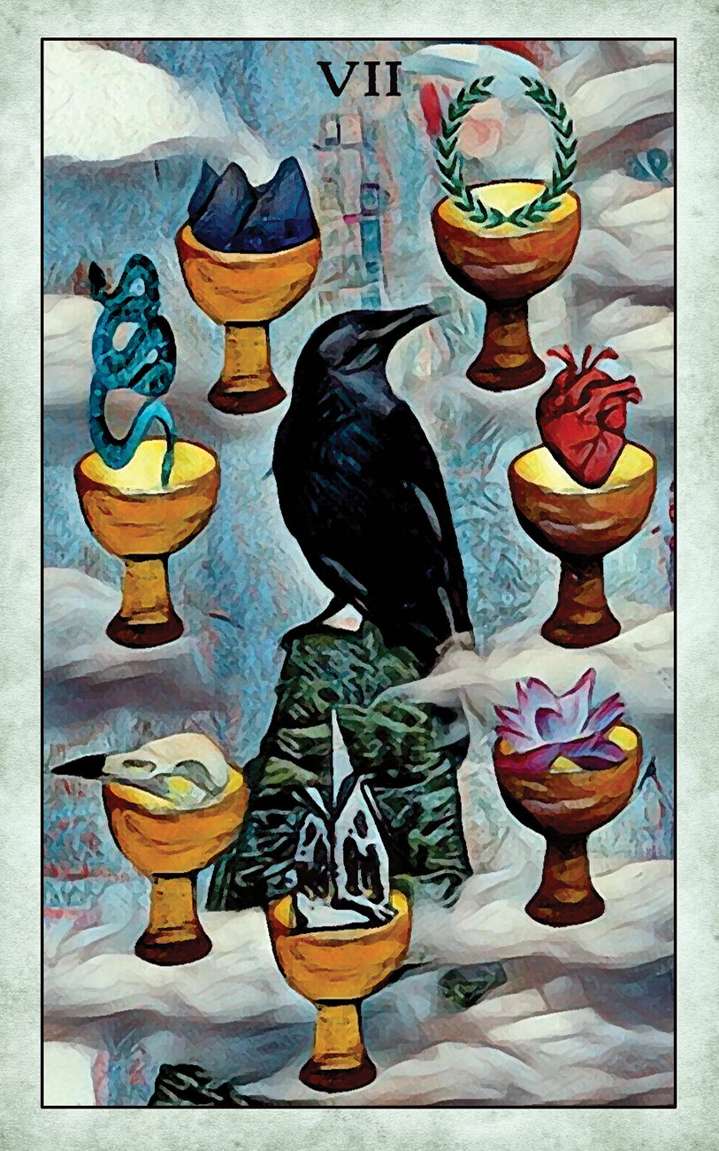 Tarot card with a black crow and various symbols on a snowy background