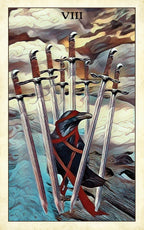 Tarot card with a raven and swords against a stormy sky