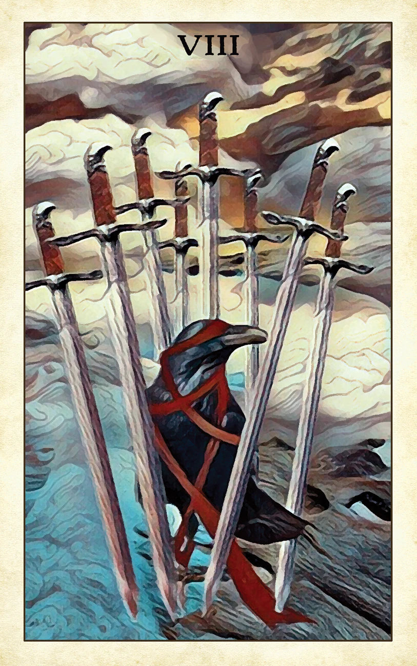 Tarot card with a raven and swords against a stormy sky