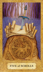Card featuring a hand holding scrolls with a sword, set against a forest background.