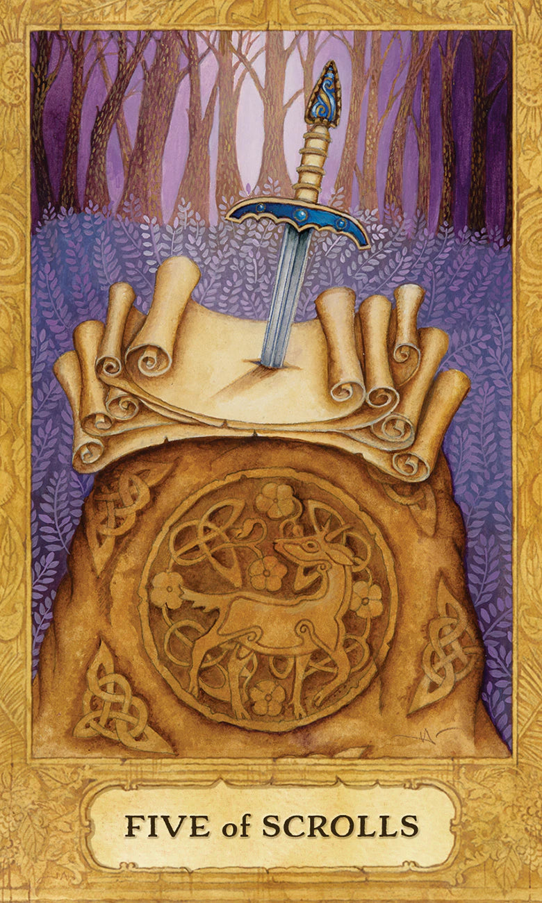 Card featuring a hand holding scrolls with a sword, set against a forest background.