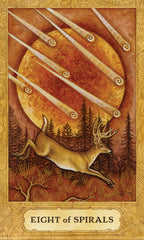 Card featuring a deer and spiral design with 'Eight of Spirals' text on a textured background.