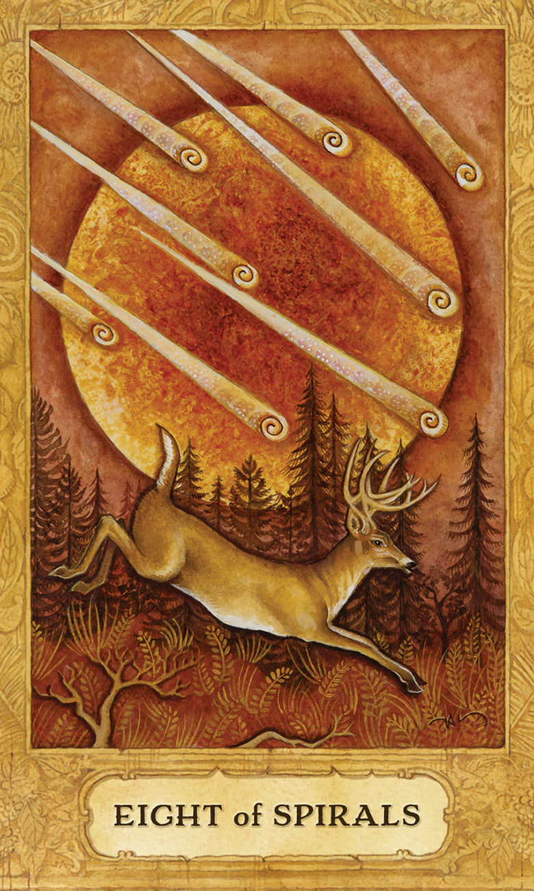 Card featuring a deer and spiral design with 'Eight of Spirals' text on a textured background.