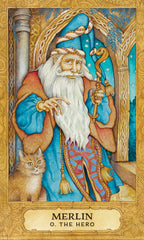 Card featuring Merlin with a cat, styled like a tarot card
