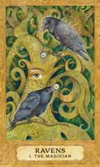 Decorative card with two ravens on a gold and green patterned background, featuring the text 'Ravens I. The Magician'.