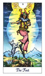 Tarot card titled 'The Fool' with a colorful illustration of a figure and goat against a mountainous landscape.