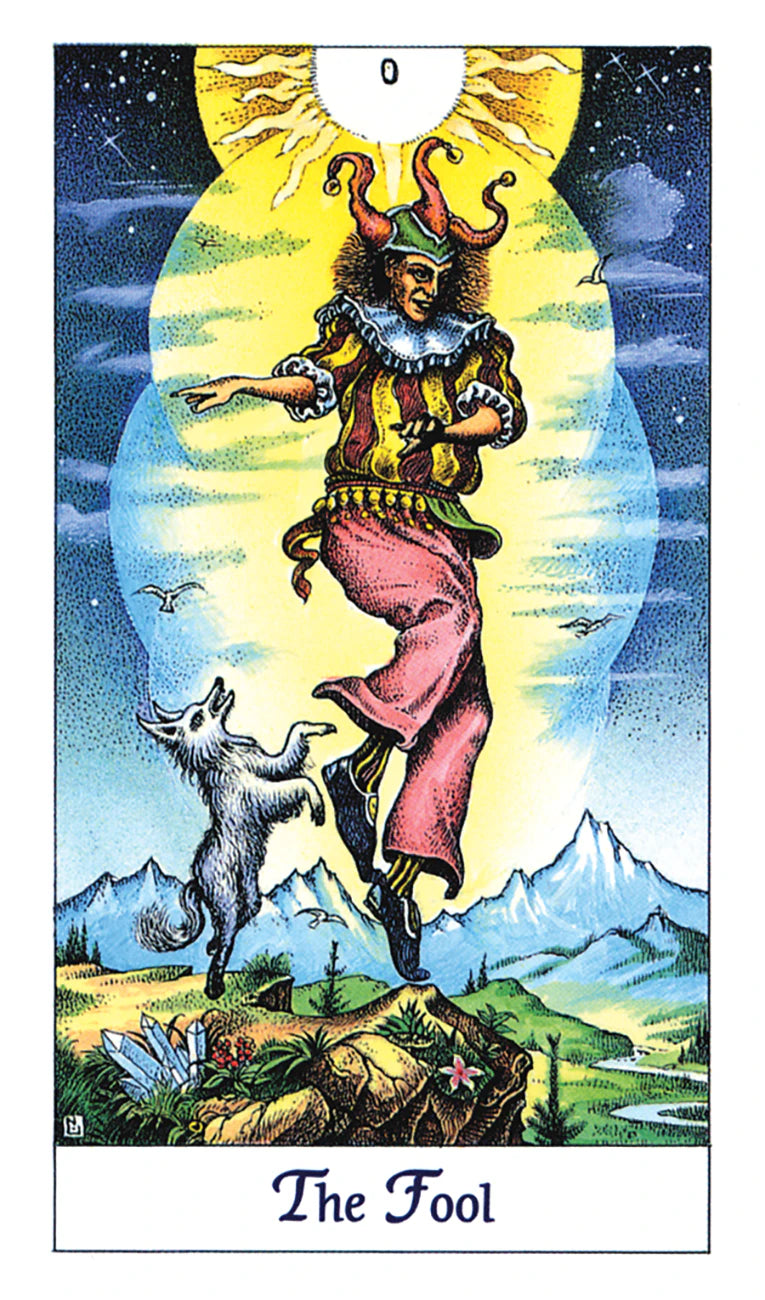Tarot card titled 'The Fool' with a colorful illustration of a figure and goat against a mountainous landscape.