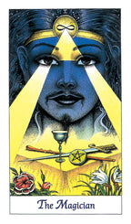 Tarot card featuring 'The Magician' with a stylized face and symbolic elements.