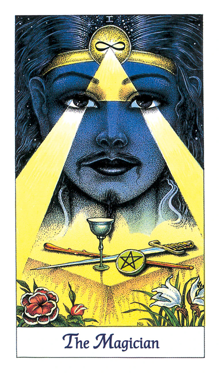 Tarot card featuring 'The Magician' with a stylized face and symbolic elements.