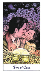Two people kissing with flowers and cups in a tarot card style illustration.