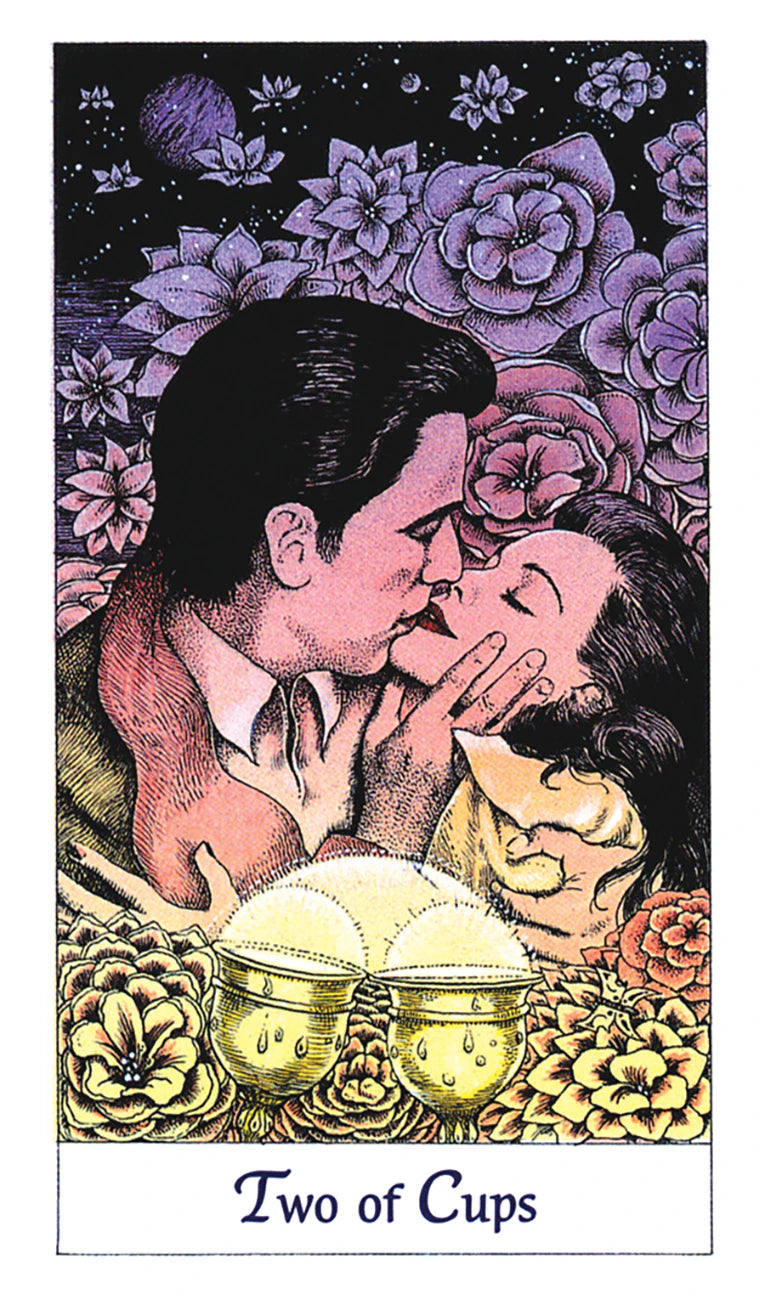 Two people kissing with flowers and cups in a tarot card style illustration.
