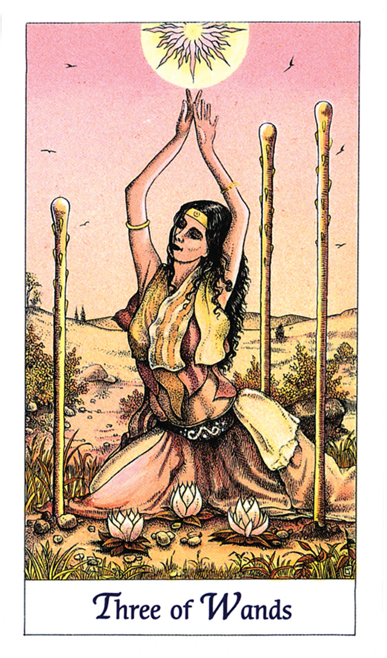 Tarot card titled 'Three of Wands' featuring a woman holding wands against a pink sky.