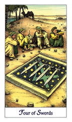 Tarot card titled 'Four of Swords' with four people sitting around a mat featuring two crossed swords.