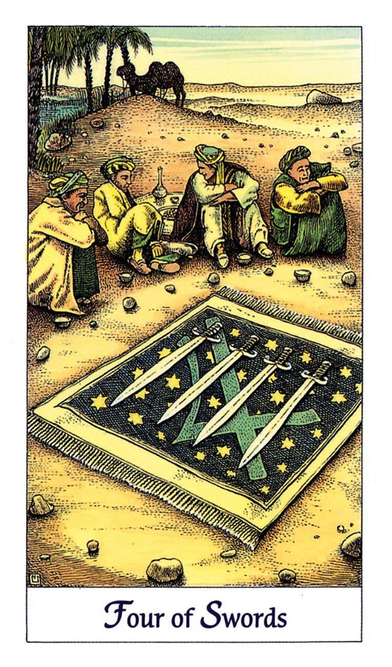 Tarot card titled 'Four of Swords' with four people sitting around a mat featuring two crossed swords.