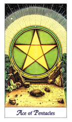 Ace of Pentacles tarot card with a yellow star on a green circle, surrounded by stones and crystals.