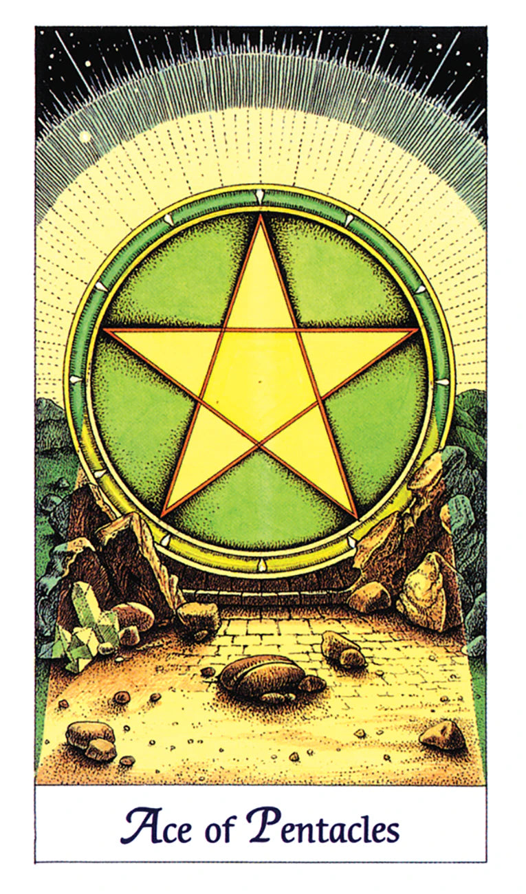 Ace of Pentacles tarot card with a yellow star on a green circle, surrounded by stones and crystals.