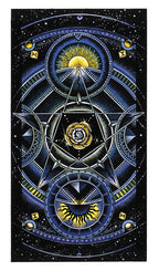 Decorative tapestry with celestial design featuring stars, moon, and geometric patterns on a black background.