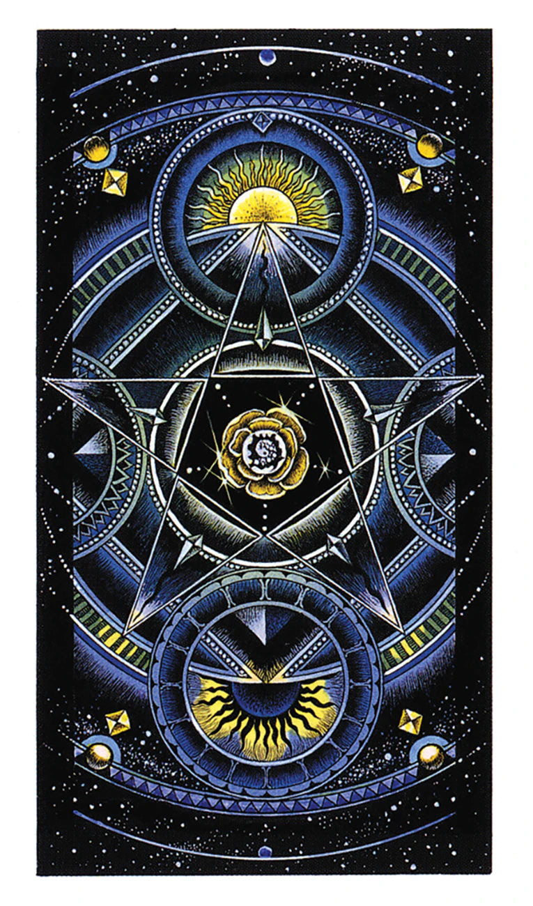 Decorative tapestry with celestial design featuring stars, moon, and geometric patterns on a black background.