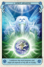 Tarot card titled 'Spirit Awakens' with a figure and Earth symbol, featuring blue and green colors.