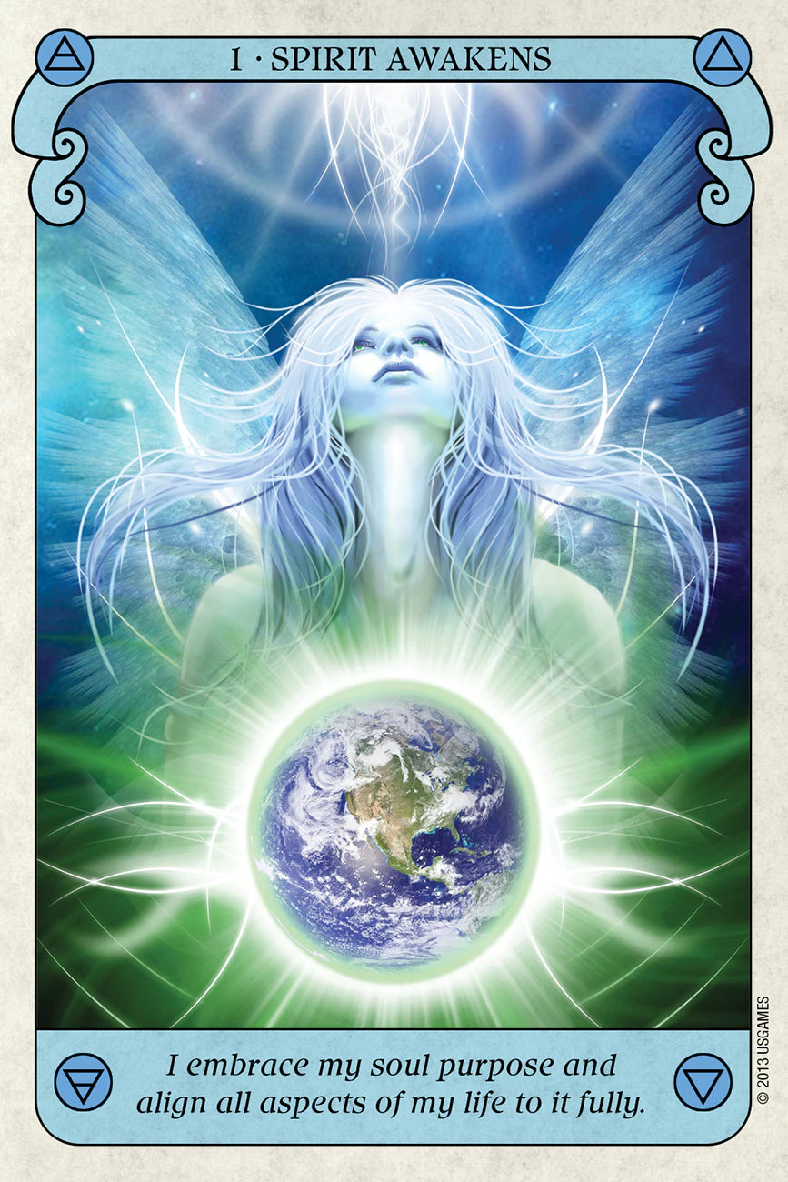 Tarot card titled 'Spirit Awakens' with a figure and Earth symbol, featuring blue and green colors.