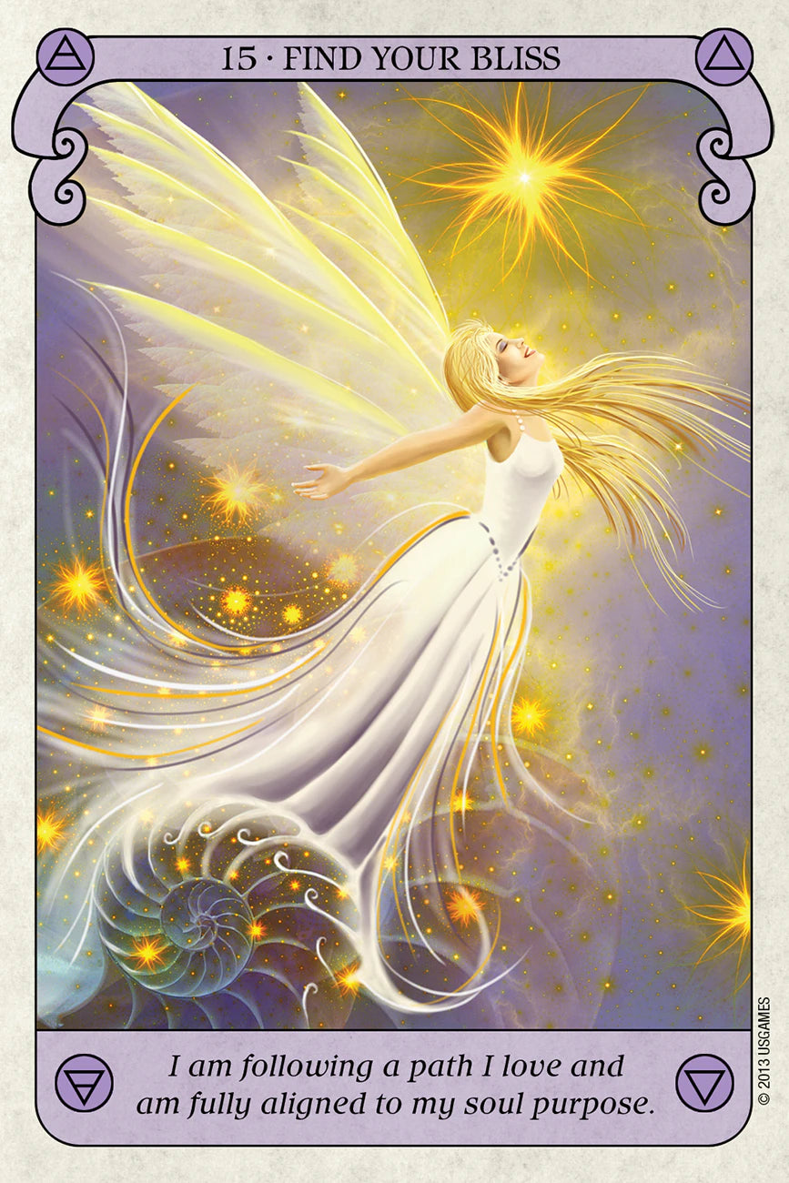 Card titled '15. Find Your Bliss' featuring a fairy with wings and flowing hair against a starry background.