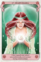 Card from a tarot deck featuring a woman with red hair holding a glowing rose, titled 'Heart Chakra'.