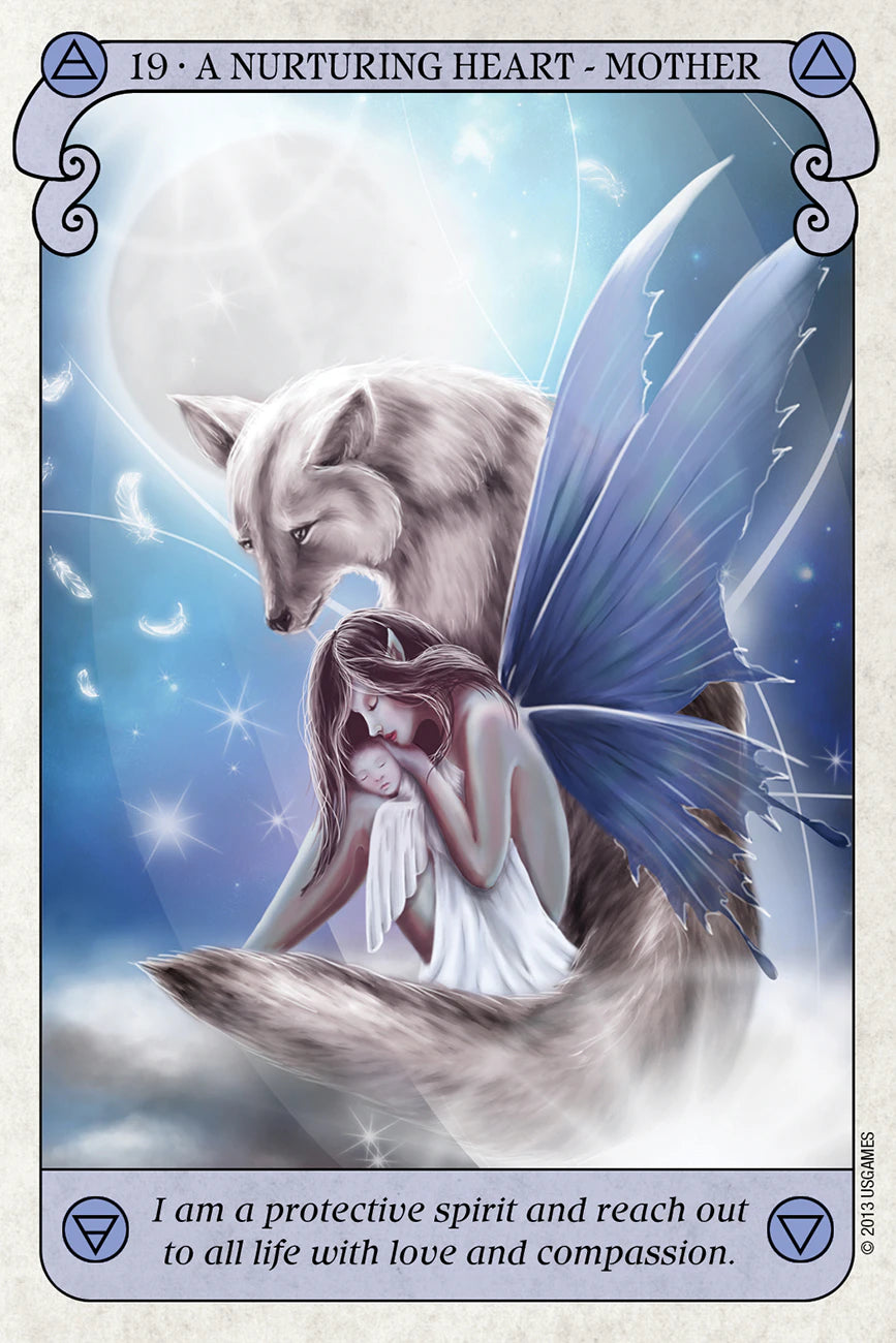 Card featuring a fairy and wolf with a celestial background, labeled '19 - A Nurturing Heart - Mother'.