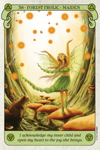 Card featuring a fairy in a forest with mushrooms and a bear, surrounded by orange circles.