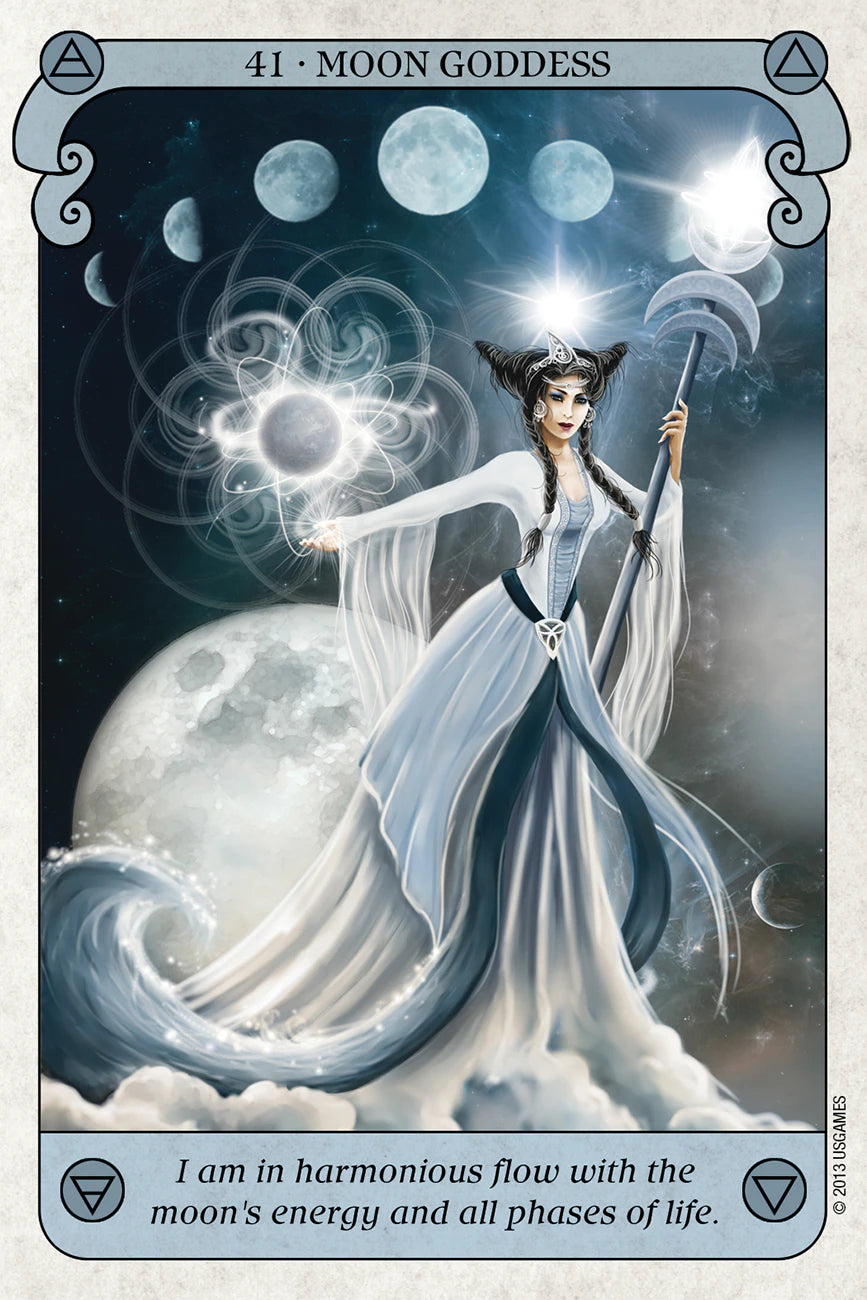 Card featuring a Moon Goddess with moon phases and text about harmonious flow with the moon's energy.
