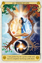 Card from a tarot deck titled '42 Wheel of Life' featuring a person in a meditative pose with nature elements.