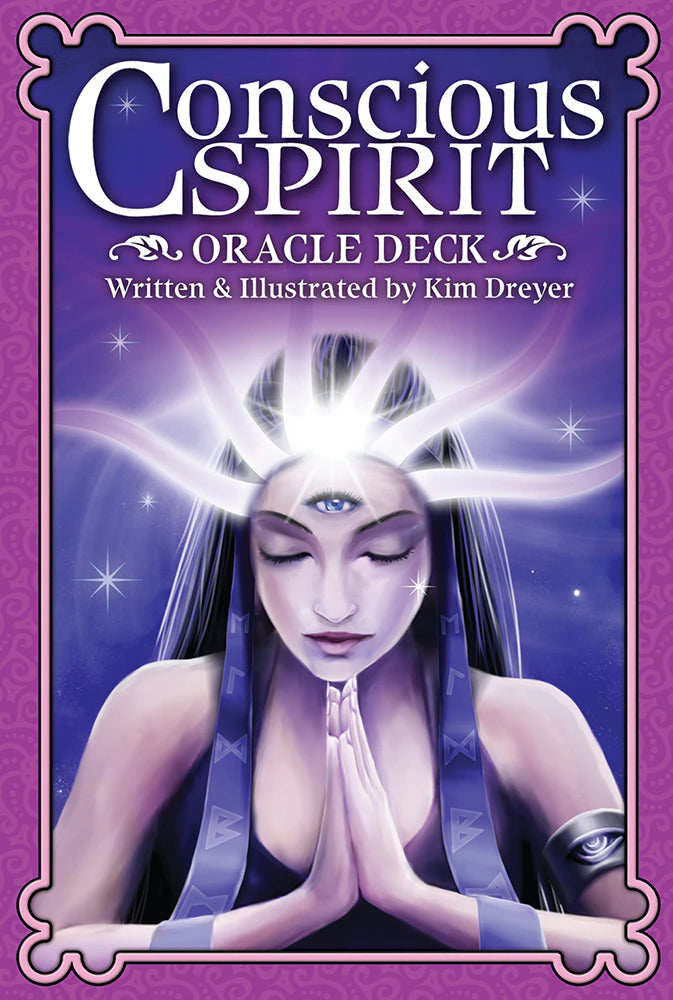 Cover of 'Conscious Spirit Oracle Deck' with an illustrated woman on a purple background